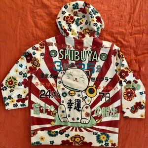 LUCKY BRAND SWEATSHIRT HOODIE* LUCKY CAT*SHIBUYA*JAPAN*EMBROIDER*ASIAN CHARACTER